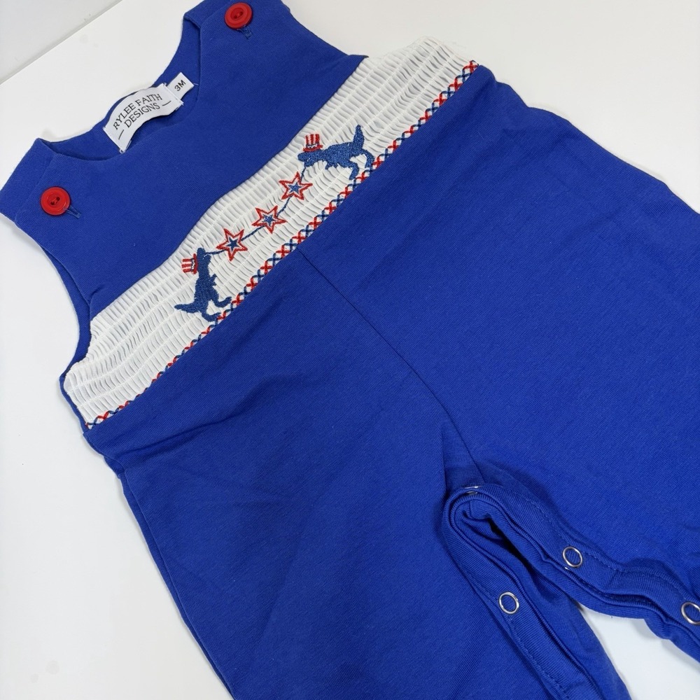 Rylee Faith Designs Patriotic Smocked Dinosaur Romper Blue 3M Fourth of July